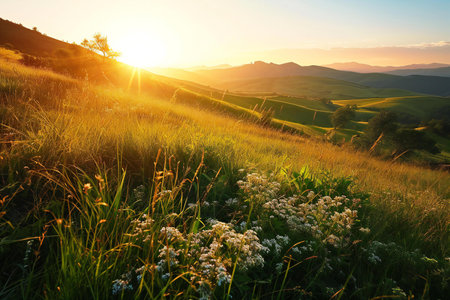 Sunset in Tuscany, Italy. Landscape with green hills and meadowの素材