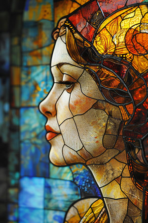 stained glass window in a church, closeup of a stained glass windowの素材
