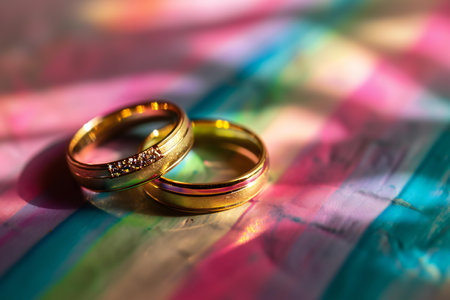 Wedding rings on a rainbow background. Colorful background.の素材