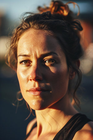 Close-up portrait of a beautiful young woman with frecklesの素材