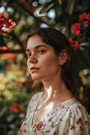 Portrait of a beautiful young girl with freckles on her faceの素材