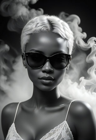 Black and white portrait of a beautiful young woman with black sunglasses.の素材