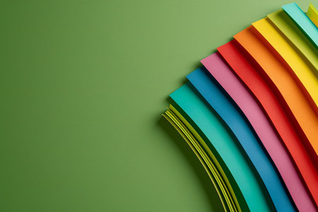 Colorful paper sheets on green background, top view with copy spaceの素材