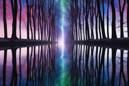 Trees reflected in a lake in the forest at night. Abstract background.の素材