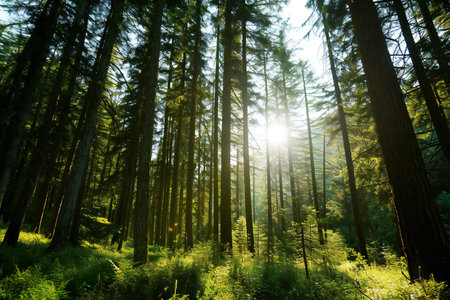 Sunlight shining through the trees in the forest. Nature background.の素材