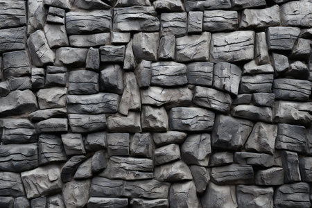Background of black stone wall texture. Wall of black stone blocks.の素材