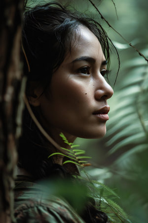 Portrait of a beautiful asian woman in the jungle, Thailand.の素材