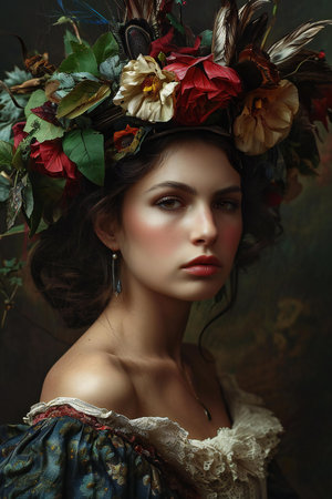 Portrait of a beautiful young woman with a wreath of flowers.の素材