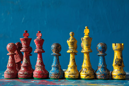 Chess pieces on a blue wooden background. Selective focus.の素材