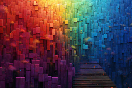 a wooden path leading to an abstract colorful backgroundの素材