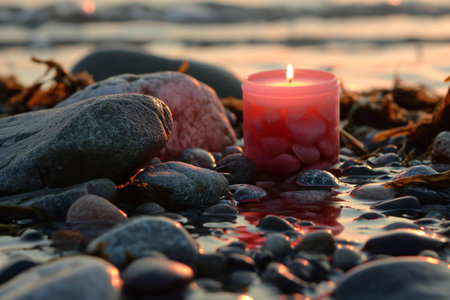 Burning candle in water with stones on the beach at sunset.の素材
