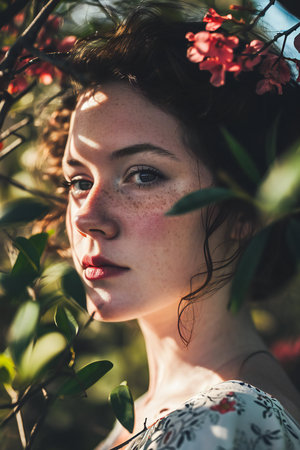 Portrait of a beautiful young woman with flowers in her hair.の素材