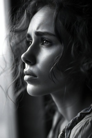 Portrait of a beautiful young woman with long curly hair. Black and white photo.の素材