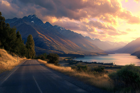 Beautiful landscape of New Zealand alps and road at sunset.の素材