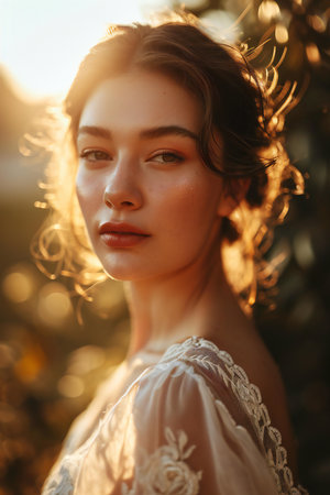 Portrait of a beautiful girl with curly hair in a white dress.の素材