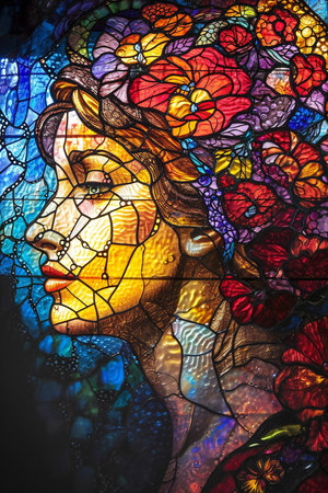 Stained glass window depicting a woman with flowers in her hair.の素材