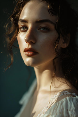 Portrait of beautiful young woman with curly hair in white dress.の素材
