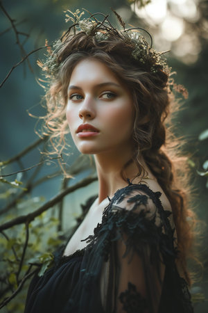 Portrait of a beautiful young woman in a black dress in the forestの素材