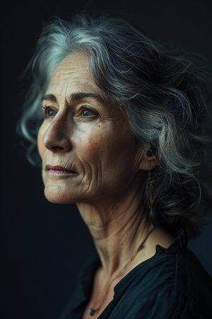 Portrait of a beautiful senior woman on a dark background. Toned.の素材
