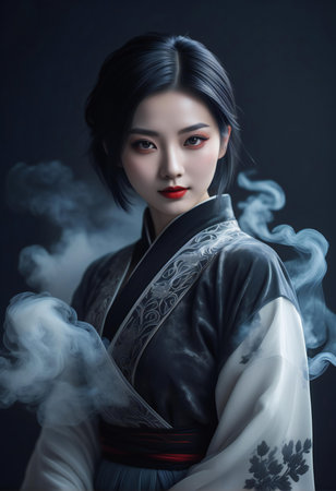 Portrait of a pretty geisha in kimono with smokeの素材