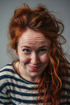 Portrait of a red-haired girl with freckles on her faceの素材