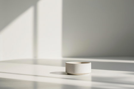Wooden podium on a white background with shadows from the window.の素材
