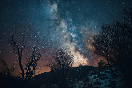 Milky Way over a winter night in the mountains. Long exposure photograph.の素材