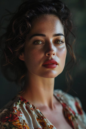 Portrait of a beautiful young woman with freckles on her faceの素材