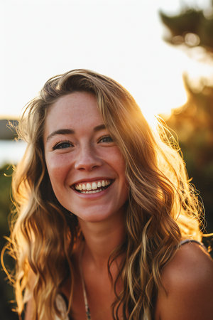Portrait of a beautiful young woman with long blond hair smiling and looking at the camera.の素材