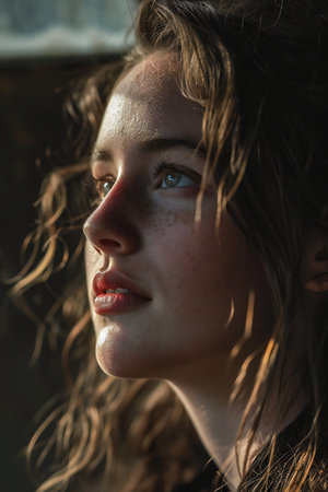 Portrait of a beautiful young girl with wet hair and frecklesの素材