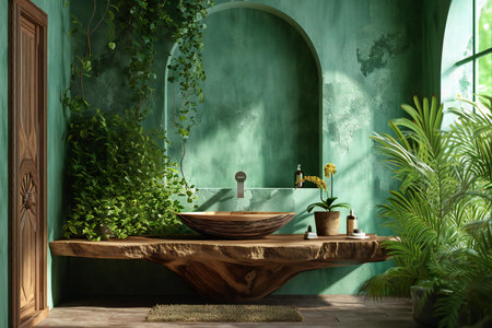 Bathroom interior with green walls, concrete floor, wooden bathtub and green plants.の素材