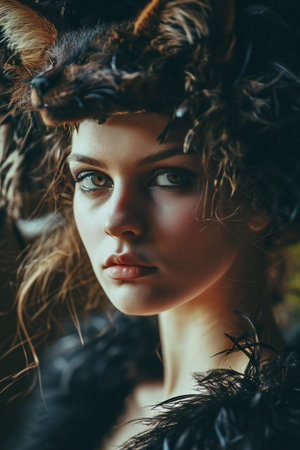 Portrait of a beautiful young woman with fox headdress and feathersの素材