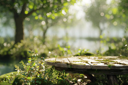 Empty wooden table in park with bokeh background, selective focusの素材
