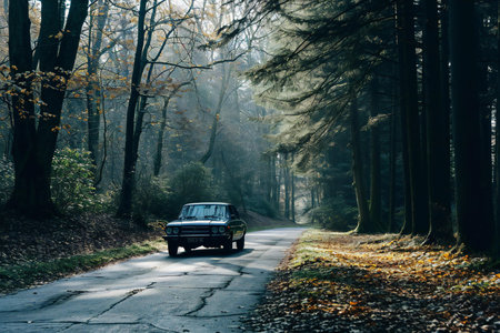 Old car on the road in the autumn forest. Retro style.の素材