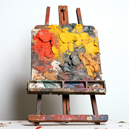 Old wooden easel with palette of colors on a white background.の素材