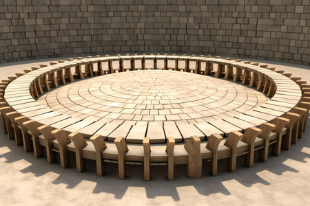 3d render of round stage with wooden chairs in the middle.の素材