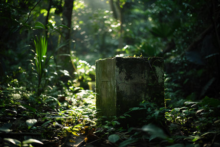 Old concrete block in the forest with sun light, selective focus.の素材