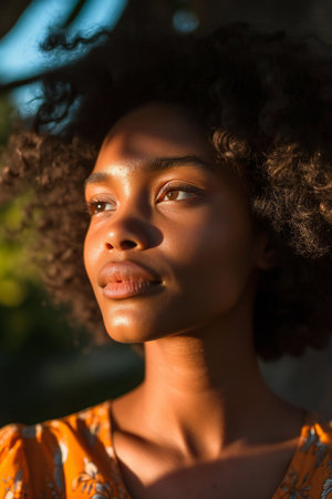 Portrait of a beautiful young african american woman with curly hairの素材