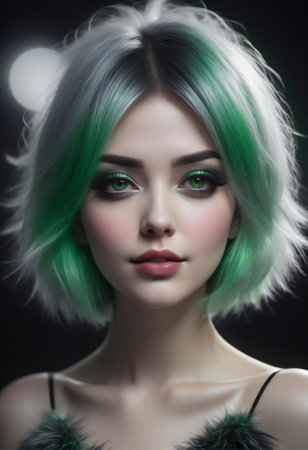 Portrait of beautiful girl with green hair and green make-upの素材