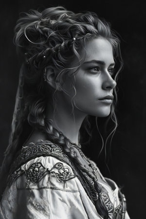 Portrait of a beautiful girl with braids in a medieval costumeの素材