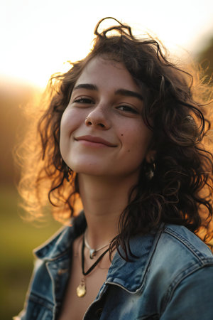 Portrait of a beautiful young woman with curly hair in a denim jacket at sunsetの素材