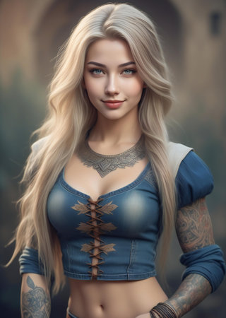 Beautiful young blonde woman with tattoo on her arm. Portrait of a girl with long hair.の素材