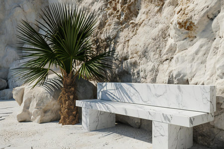 White marble bench with palm tree on the background of white cliffs.の素材