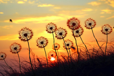 Dandelion flower in the field at sunset, beautiful nature backgroundの素材