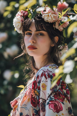 portrait of a beautiful girl with a wreath of flowers on her headの素材