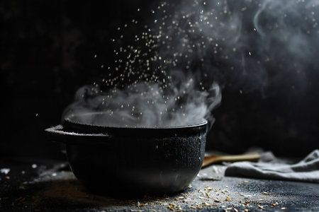 Saucepan with boiling water and smoke on a black backgroundの素材