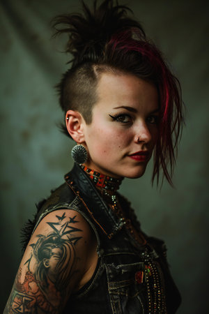 Portrait of a punk girl with tattoos on her arms and hairの素材