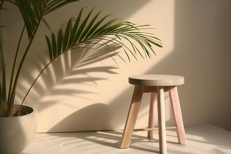 Wooden stool with palm leaf shadow on white wall. Minimalistic interior designの素材