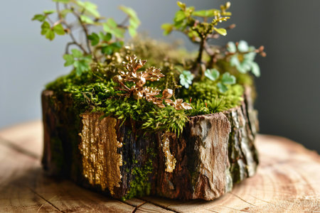 Green moss on a wooden stump. Selective focus. Nature.の素材