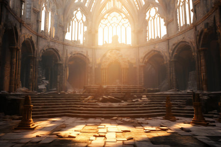 The interior of an old gothic church in a foggy dayの素材